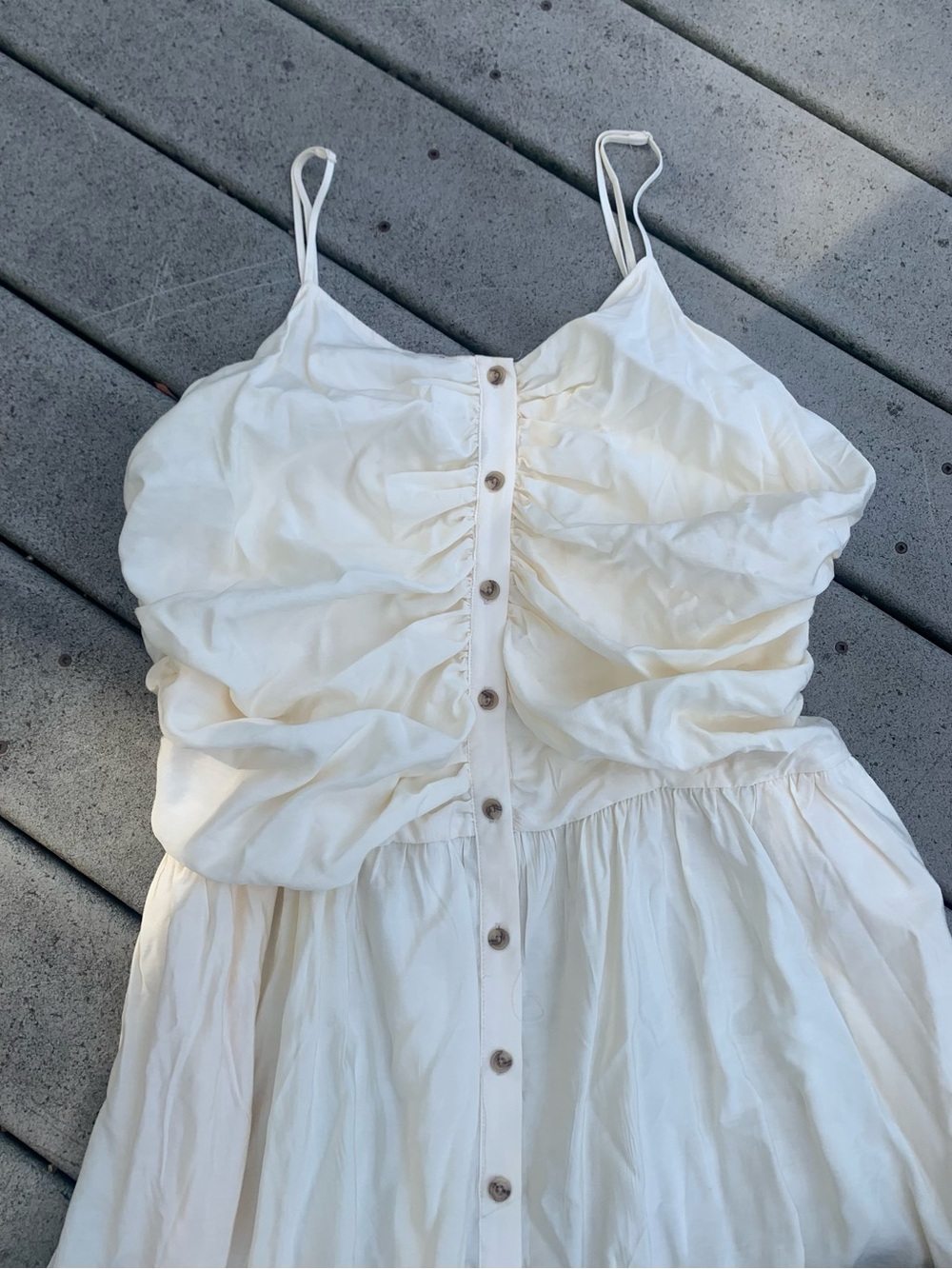 Future Collective Cream Button Up Spaghetti Strap Midi Dress w Ruched Detailing - Picture 4 of 5
